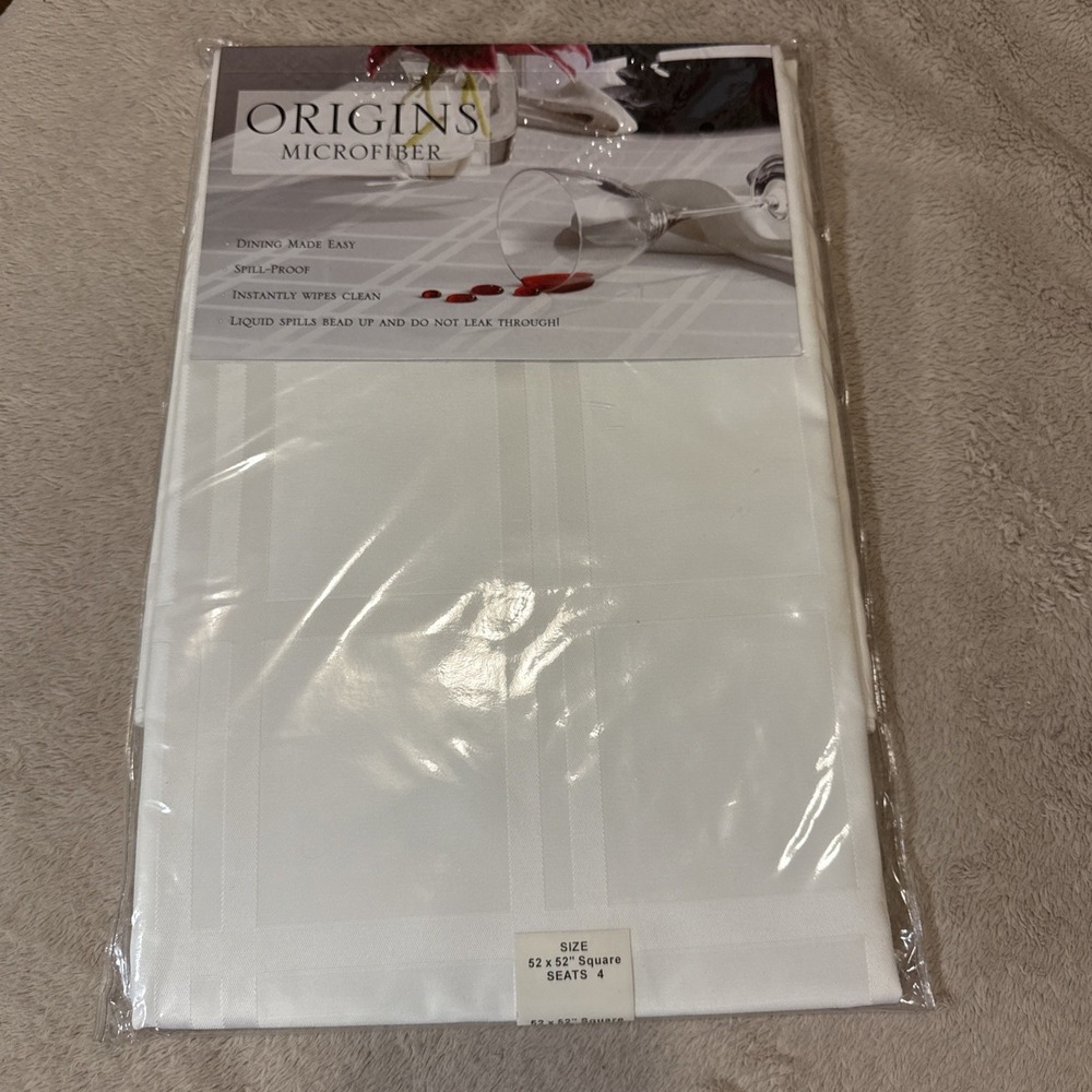Vintage Origins Microfiber Tablecloth White Square 52x52 Square Spill Proof NEW